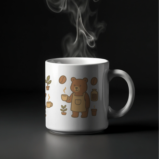 White mug with bear illustrations and steam on a black background