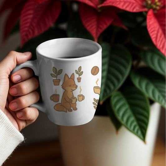 White mug with fox design held in front of a potted poinsettia plant